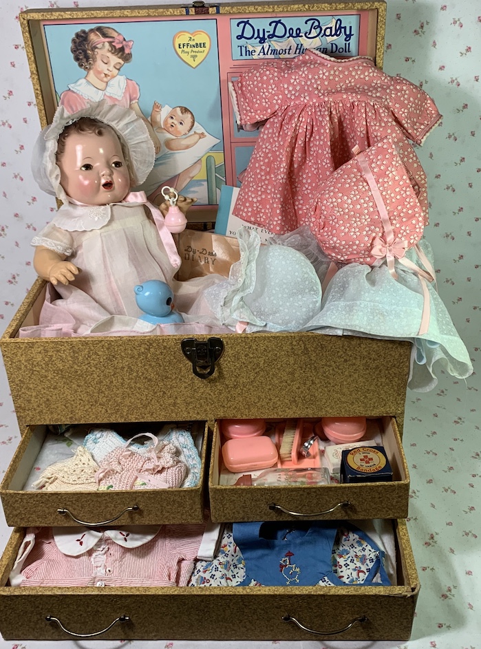 Effanbee Dy-Dee Rubber Baby Doll in 3-Drawer Trunk from the 1930s